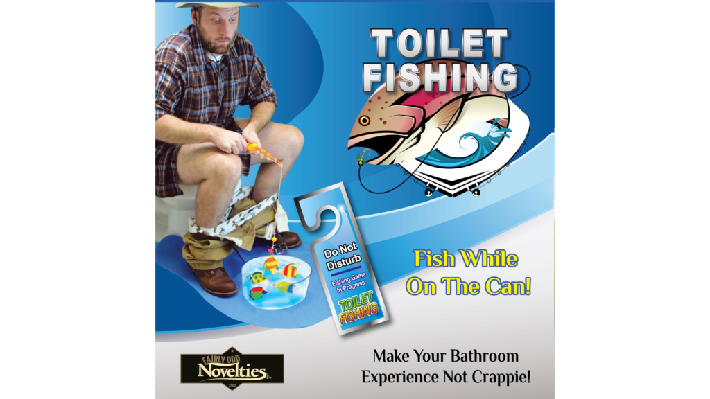 Toilet fishing game including a do not disturb sign, a fishing rod, and a bowl with some plastic fish. 