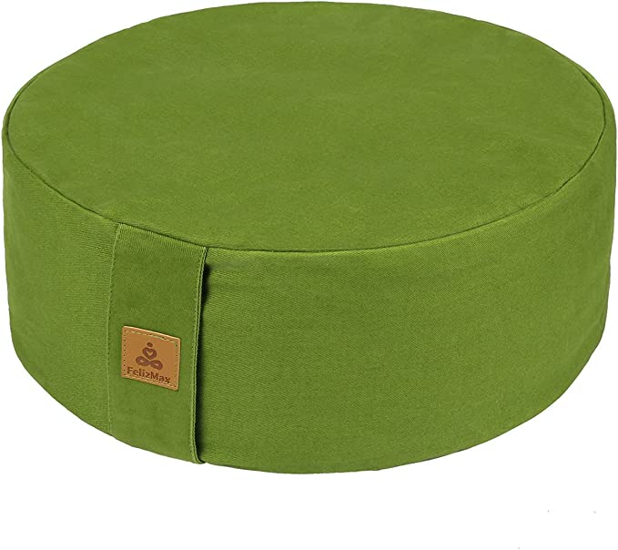 A green buckwheat meditation cushion. 