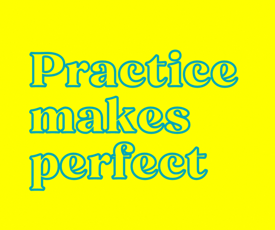 A gif where the sentence practice makes perfect is switched to practice makes progress. Neon-yellow background, blue outline letters that get filled in with black and pink. Trademarked by Comms Creatives.